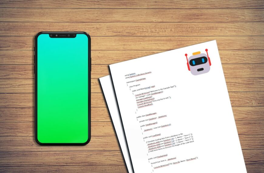 Two pieces of paper with AI generated code on a wooden desk with a smartphone on the left.