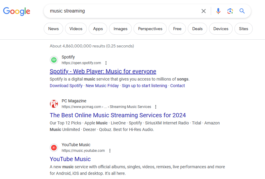 A screenshot of Google SERP for keyword music streaming. First three results are spotify, pc magazine, and youtube music. Content marketing in SERP can make your brand look more legitimate. 